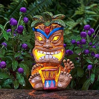 Outdoor Tiki Statue Decoration-Solar Power Light Tiki Garden Statues-Tiki Bar Decor Totem Pole Waterproof Figurines for Garden,Patio,Balcony,Yard,Lawn Ornament,10.43 Inch Tall