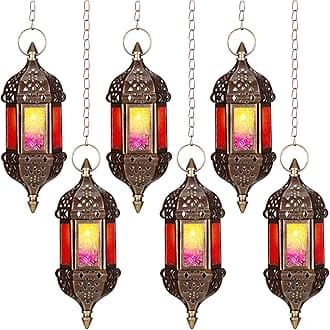 Retisee 6 Pcs Hanging Moroccan Lantern Hexagon Decorative Moroccan Candle Lantern Holders Hanging Candle Holder Indoor Outdoor for Patio Weddings Christmas Decoration