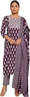 MIRCHI FASHION Women's Straight Fit Cotton Block Printed Kantha Work Embroidered Kurta Set with Dupatta and Trouser