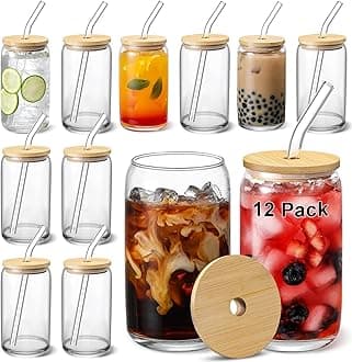 [ 12pcs Set ] Glass Cups with Bamboo Lids and Glass Straw - Beer Shaped Drinking Glasses, 16 oz Iced Coffee Glasses, Cute Tumbler Cup for Smoothie, Boba Tea, Whiskey, Water - 4 Cleaning Brushes