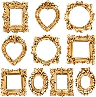 Vicenpal 10 Pcs Vintage Mini Picture Frames Baroque Antique Small Resin Jewelry Display Table Frame for Christmas DIY Photo Holiday Party Decoration (Gold)