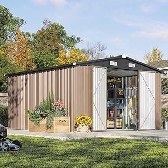 Aoxun 10 x 12FT Outdoor Storage Shed with Double Hinged Large Door Utility Garden Shed with Lockable Door & Sloped Roof Metal Sheds Outdoor Storage for Garden, Backyard, Patio and Backyard, Brown