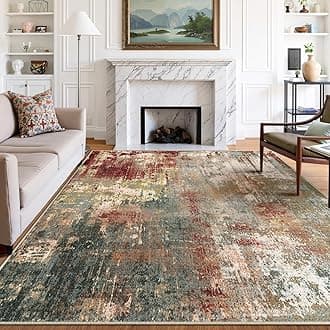 Washable Area Rugs 7'x9' Non-Slip Modern Abstract Soft for Living Room Entryway Bedroom Nursery, Print Pattern, Brown Rust Red Green Blue Multi