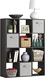 12 Cube Storage Organizer, 4 Tier Stackable Mdf Wood Bookcase, Open Storage Display Bookshelf, Storage Cabinet for Living Room, Bedroom, Home, Office, 35.1"L x 11.7"W x 47.5"H, Espresso