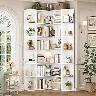 FOTOSOK 74” Tall Corner Bookshelf, 6-Tier Bookshelf and Bookcase with Open Storage, L Shaped Tall Bookcases Wooden Storage Shelves for Home Office, Thickened Boards for Better Load Bearing, White