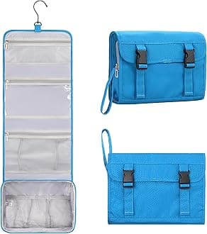 Relavel Travel Hanging Toiletry Bag for Women Men, Large Cosmetic Bags with Compartments, Water-resistant Travel Organizer for Accessories, Shampoo, Full Sized Container, Toiletries (Blue)