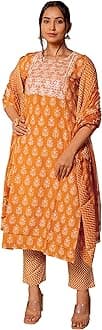 MIRCHI FASHION Women's Straight Fit Poly Cotton Block Printed Kantha Work Embroidered Kurta Set with Dupatta and Trouser