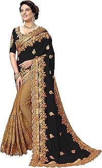 TRENDMALLS Women's Silk Satin Embroidery Saree with Unstitched Blouse