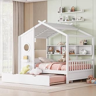 Wooden Full Size House Bed with Trundle and Storage Shelf,Modern Design Full Platform Bed Frame with Pitched Roof,White