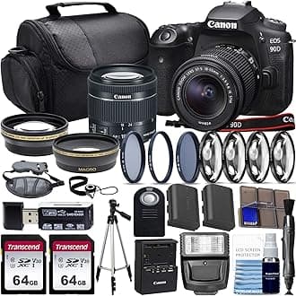 Canon EOS 90D DSLR Camera with EF-S 18-55mm STM Lens, 3 Lens Bundle, 128GB Memory, Accessories (Renewed) - Black