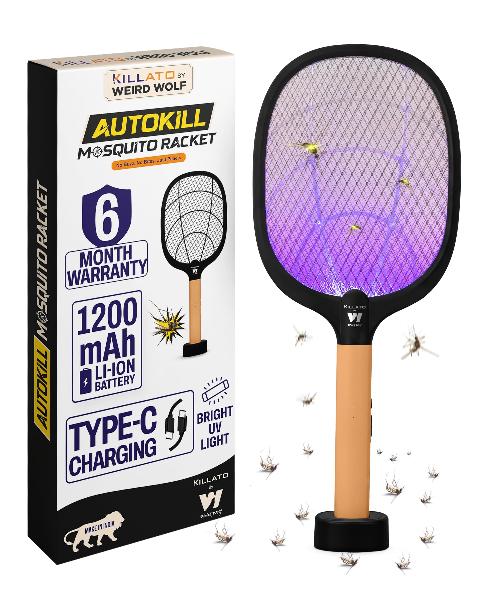 2 in 1 Rechargeable Mosquito Killer Racket with UV Light & Base Stand | Electric Fly Swatter with Auto & Manual Mode | Type-C USB Charging | 1200 mAh Lithium Battery | 6 Month Warranty