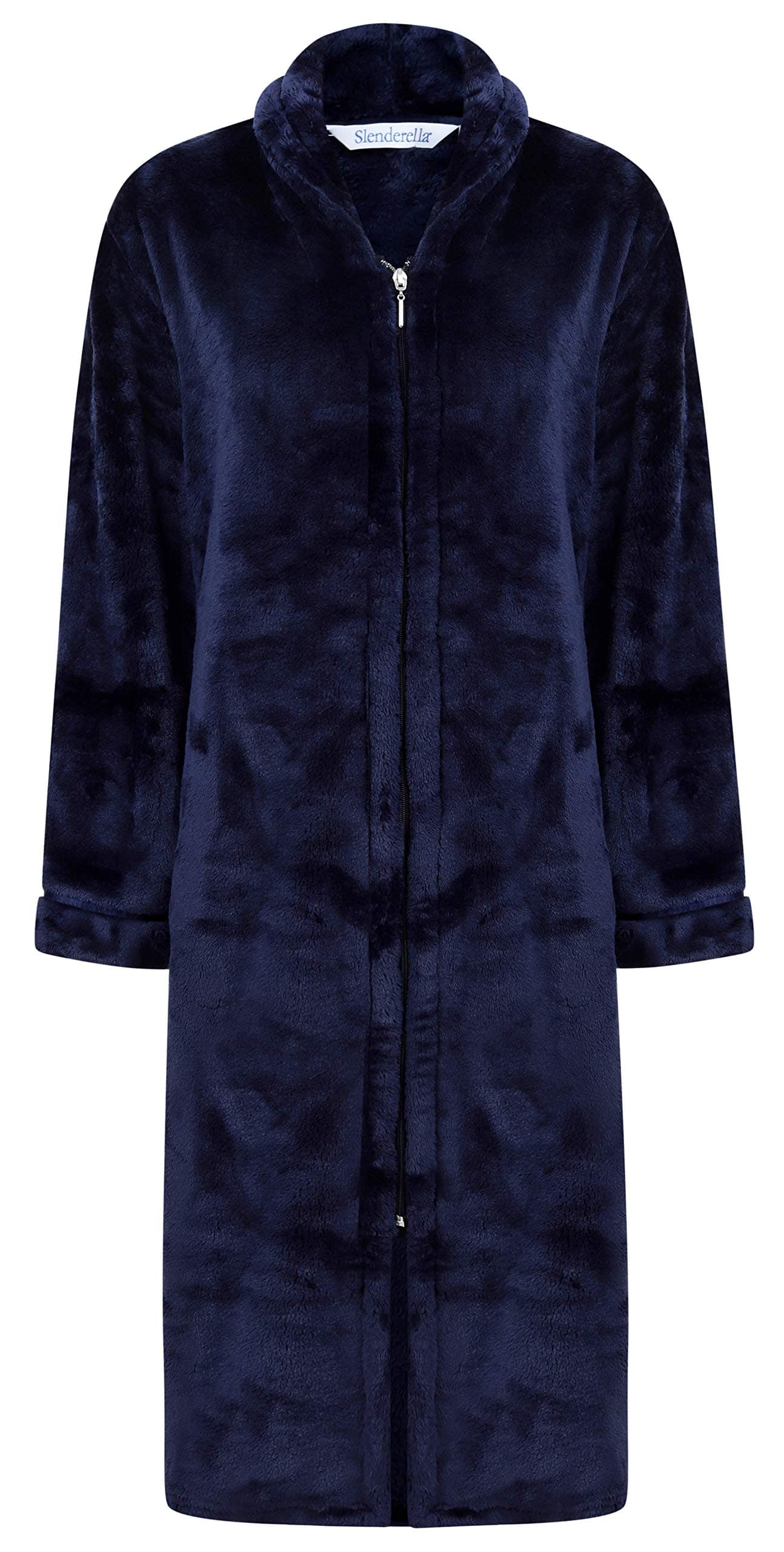 Slenderella Ladies 46" Winter Super Thick Soft Plain Dark Blue Velvet Fleece Zip Up Dressing Gown XL 20 22