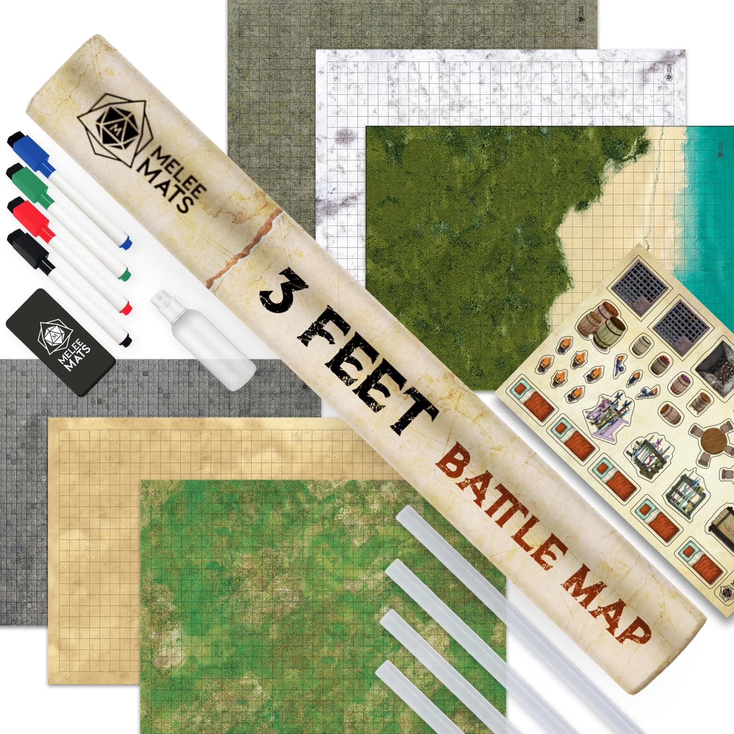 Melee Mats Battle Grid Game - 3 Pack Double Sided 24"x36" - Portable DND RPG Table Top Role Playing Map - Dungeons and Dragons Starter Set - Tabletop Gaming Paper - Reusable Figure Board Game