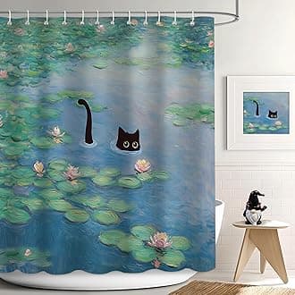 Cat Shower Curtain, Boho Modern Cute Girly Bathroom Curtain, Black Cartoon Cat Lotus Leaves and Flowers Pond Curtain Set, Waterproof Bathroom Home Decor Set with Hooks, 72X72 Inches