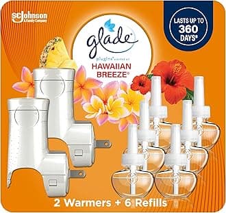 Glade PlugIns Refills Air Freshener Starter Kit, Scented and Essential Oils for Home and Bathroom, Hawaiian Breeze, 4.02 Fl Oz, 2 Warmers + 6 Refills