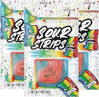 Sour Strips Sour Candy Belts, Rainbow, Resealable Candy Bags, 3.4 Ounce (Pack of 3)