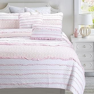 Cozy Line Home Fashions Pretty in Pink Girly Ruffle Stripped 100% Cotton Reversible Quilt Bedding Set, Coverlet, Bedspread (Pink Princess, Queen - 5 Piece: 1 Quilt + 2 Shams + 2 Decor Pillows)