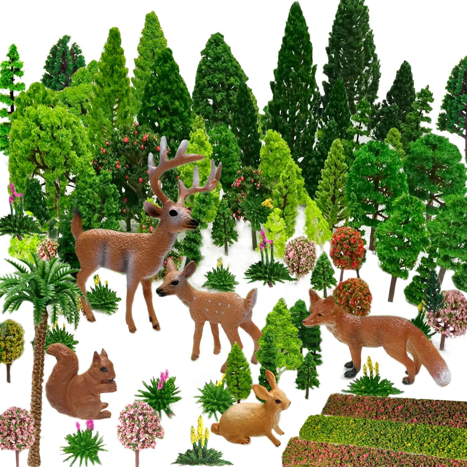 – Mixed Model Trees - 4-16 cm, 70pcs, Small World Trees & Ho Scale Bushes with Animal Figures for Model Train Scenery