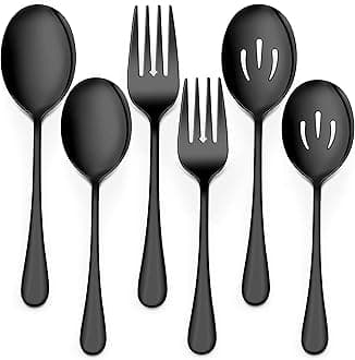 LIANYU 6-Piece Black Serving Spoons and Forks, 8 3/4 Inch Stainless Steel Buffet Catering Party Banquet Serving Spoon Fork Set, Dishwasher Safe