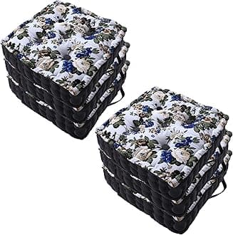 Kuber Industries (Pack of 6) Chair Pad | Seat Cushion with Button & Handle | Comfortable Seating Pad | Relax Back Chair Pad | Cotton Chair Pad for Car, Office | Square Flower Printed | White