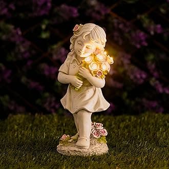 Garden Mile Solar Statue Garden Ornament Outdoor Fairy Decorations Garden Figurine Solar Powered LED Lighting for Patio and Balcony, Resin Weatherproof Statue with Light up Flower Bouquet