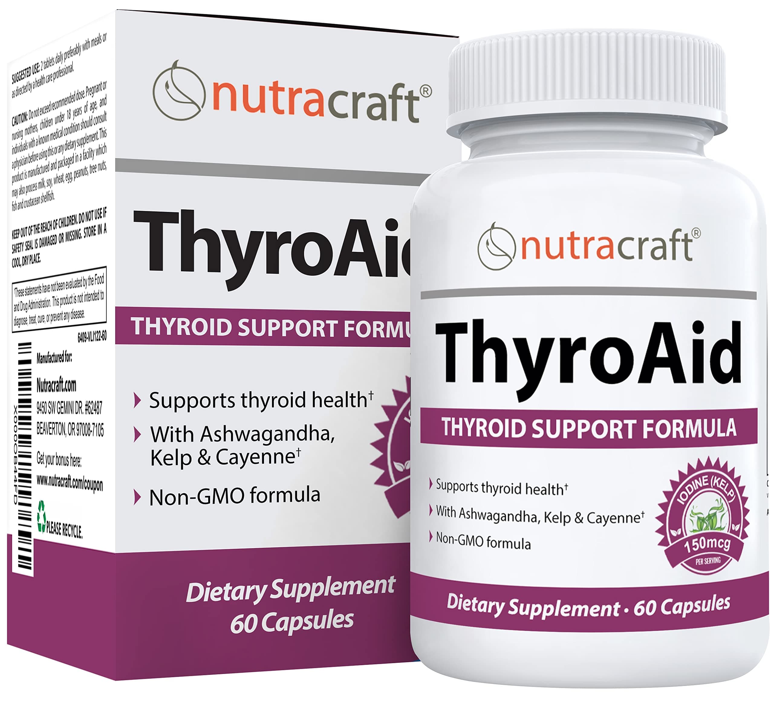 ThyroAid #1 Thyroid Support Supplement | Natural Herbal Thyroid Formula with Iodine (Kelp), Ashwagandha, L-Tyrosine & More | Support Thyroid Health & Energy Levels | 60 Capsules