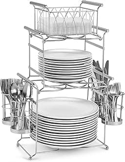 Sorbus Buffet Caddy — 7-Piece Stackable Set Includes Plate, Napkin, and Silverware Holder, 3-Tier Detachable Tabletop Organizer Ideal for Kitchen, Dining, Entertaining, Parties, Thanksgiving (Silver)