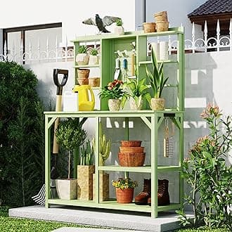 Potting Bench Table with 6-Tier Shelves and Side Hook, Polibi 64.6" Large Wooden Outdoor Patio Workstation, Garden Potting Bench for Mudroom, Backyard (Green)