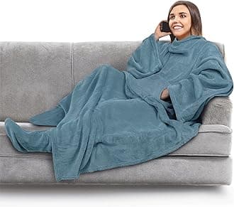 PAVILIA Fleece Blanket with Sleeves, Foot Pockets for Women Men Adults, Plush Wearable Blanket Throw Wrap, Warm Snuggle Blanket Robe, Cozy Gift Ideas Wife Mom, Dusty Blue