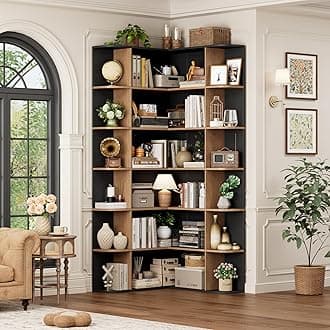 FOTOSOK 74” Tall Corner Bookshelf, 6-Tier Bookshelf and Bookcase with Open Storage, Tall Bookcases Wooden Storage Shelves for Home Office, Thickened Boards for Better Load Bearing, Black/Brown