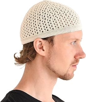 100% Cotton Skull Caps for Men, Knit Kufi Hat for Muslim Prayer, Women's Mesh Crochet Beanie, Ideal Head Wear During Summer