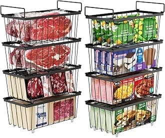 iSPECLE Freezer Organizer Bins - 8 Pack Small Stackable Deep Freezer Organizer Bins for 7 Cu.Ft Freezers Easy Get Bottom Foods without Digging, Chest Freezer Organizer Prevent Frozen Food Waste, Black