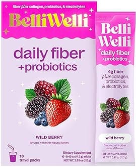 Daily Fiber Supplement Packets with Collagen, Probiotics & Electrolytes | Single Serve Packets for Gut Health, Digestion & Debloating | Wild Berry | 10 Count