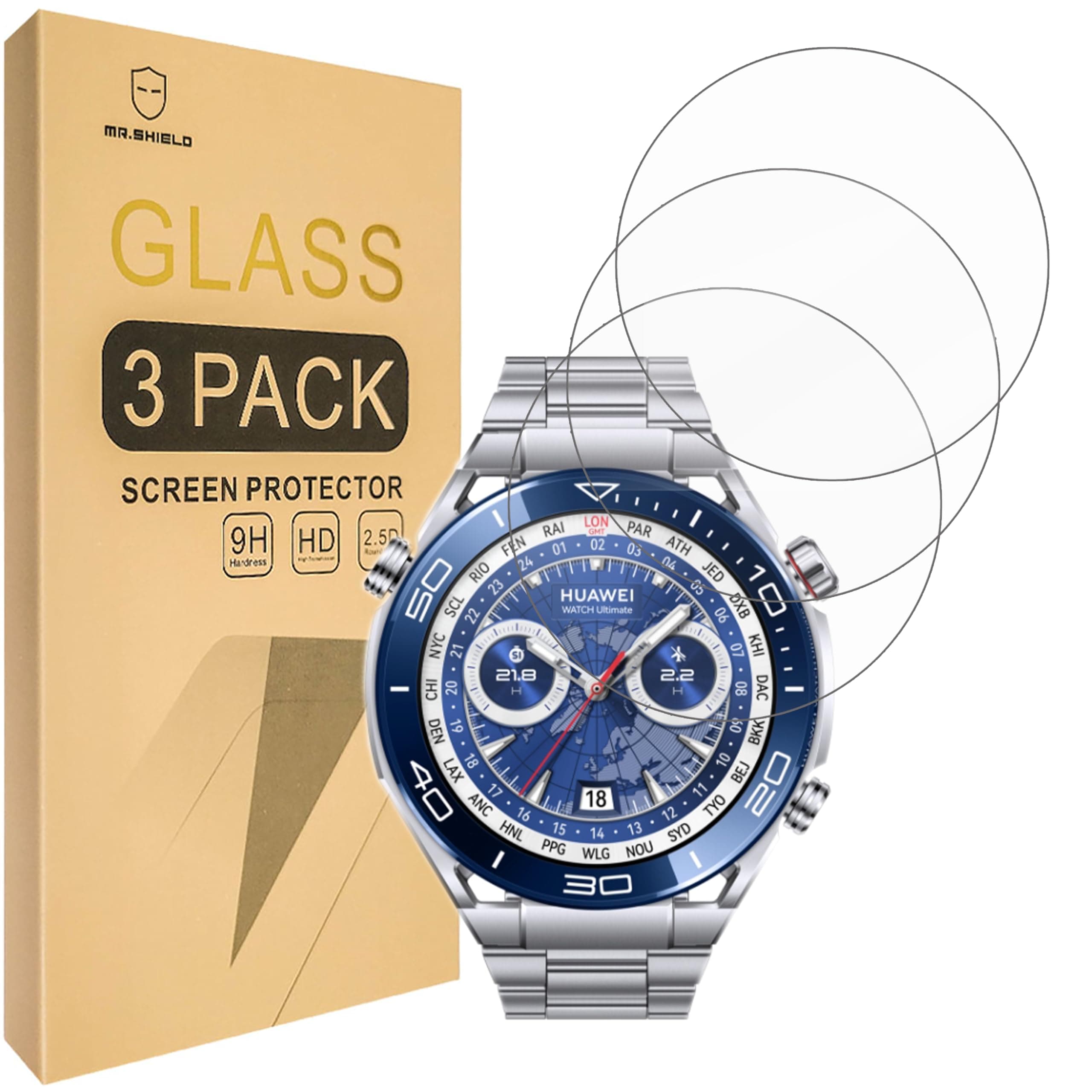 Mr.Shield Screen Protector compatible with Huawei Watch Ultimate [Tempered Glass] [3-PACK] [Japan Glass with 9H Hardness]