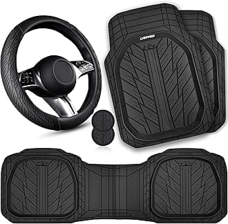 CAR PASS Leather Rubber Steering Wheel Cover 14 1/2” -15”,Tire Tread Pattern Design,Non-Slip Wear-Resistant, Heavy Duty Deep-Dish Car Floor Mats, Trim-to-Fit Car Mat,Fit for Steering Wheel Black