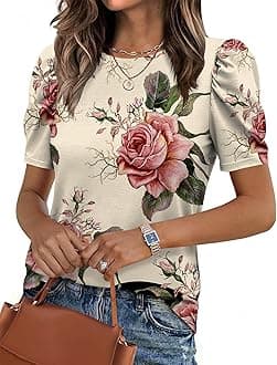 Zeagoo Blouse for Women Dressy Casual Puff Short Sleeve Boho Tops Fashion Floral Crew Neck Tunic Shirts Summer Clothes