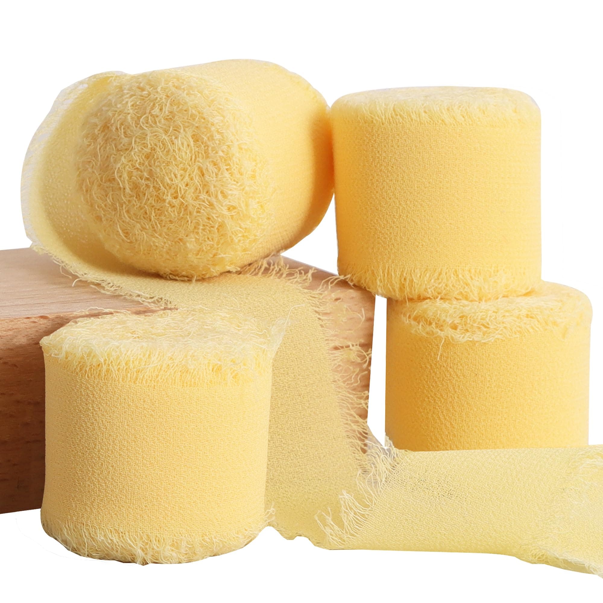 TONIFUL 4 Rolls Silk Chiffon Ribbon, 1-1/2 Inch x 22yds, Cream Yellow Chiffon Ribbons, Handmade Fringe Silk Ribbon Frayed Edges for Gift Wrapping Bridal Bouquets Wedding Invitations Decoration Crafts