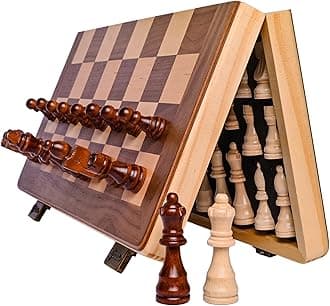 15 Inch Magnetic Wooden Chess Set for Adults & Kids - Folding Travel Chess Board with Handcrafted Staunton Pieces, Extra Queens, and Storage Slots