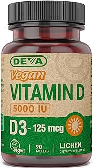 Deva Vegan Vitamin D3 5000 IU - Cholecalciferol Supplement with No Animal Ingredients, Lichen Source, 125mcg, 90 Tablets, 1-Pack