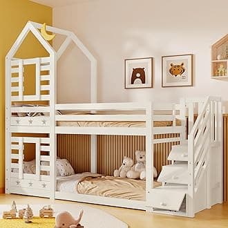 Bunk Bed with Storage, Children Cabin Bed Single Bed with Window for Kids, Twin Sleeper 190x90 cm, Solid Pine Wood, 3FT -White【UK Fast Delivery】