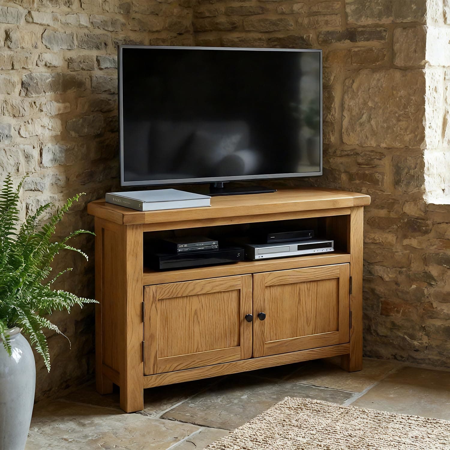 Rustic Oak Corner TV Cabinet | Solid Oak TV Stand with Storage Cupboard & Media Shelf | Fits TVs up to 50 Inch | Dark Oak Finish | Country Style Living Room Furniture | H665 x W1000 x D500mm