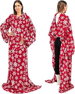 PAVILIA Premium Fleece Blanket with Sleeves for Women Men Adult, Wearable Blanket Warm Cozy, Super Soft Sleeved Throw with Arm, Gift for Women Mom Wife (Snowflake Red, Regular Pocket)