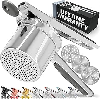 PriorityChef Large 15oz Potato Ricer With 3 Discs, Heavy Duty Stainless Steel Potato Ricer for Mashed Potatoes, Potato Masher, Press and Mash Kitchen Tool, Grey