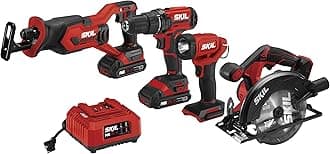 Skil20V 4-Tool Combo Kit: 20V Cordless Drill Driver Reciprocating Saw, Circular Saw and Spotlight, Includes Two 2.0Ah PWR CORE Lithium Batteries and One Charger - CB739701,Black, Red