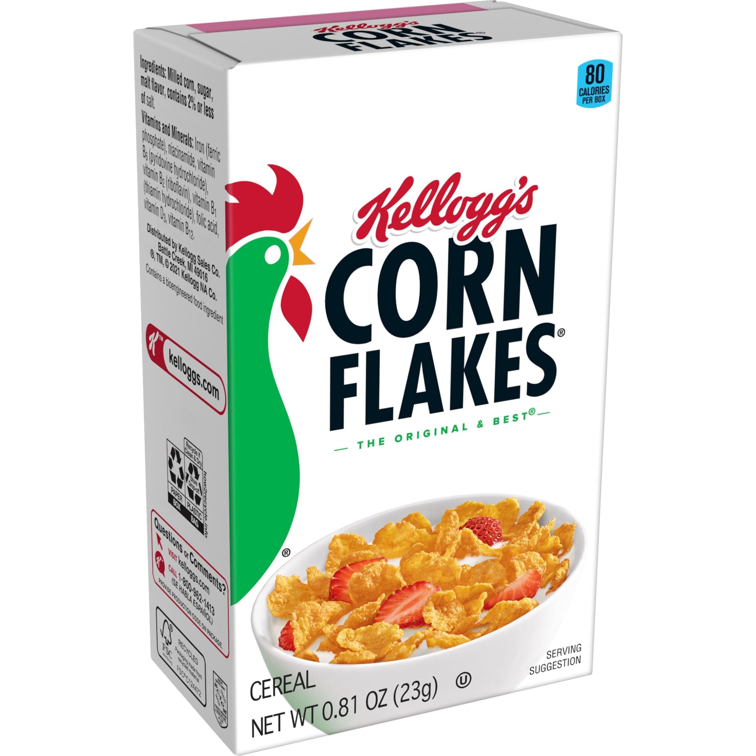 Kellogg's Corn Flakes, Breakfast Cereal, Original, .81oz (70 Count)