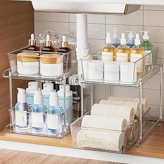 2 Tier Bathroom Organizer with Dividers, Clear Slide-out Cabinet Organizer, Multipurpose Vanity Counter Tray, Kitchen, Closet Organizers & Storage Container Bins for Under Sink, 2 Packs
