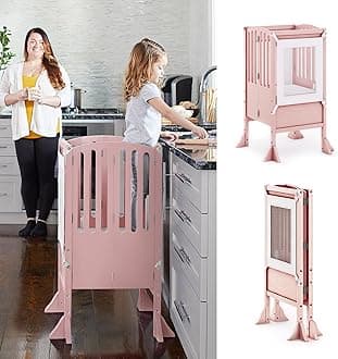 GuideCraftContemporary Kitchen Helper Toddler Tower - Limited Edition Pink. Original Folding Montessori Learning Step Stool with Safety Nets