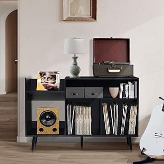 RARZOE Large Record Player Stand, Mid Century Concord Turntable Stand Table Holds Up to 350 Albums, Vinyl Record Storage Cabinet with Wood Legs for Living Room Office, Black