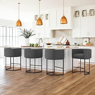 LUE BONA 27" H Counter Height Bar Stools Set of 4, Modern Barrel Counter Stools with Backrest and Arms, Black Metal Frames, Linen Fabric Upholstered Accent Barstools for Kitchen Island, Carbon Gray