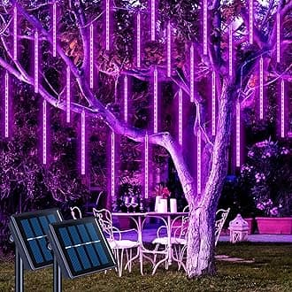 JMEXSUSS 2 Pack Purple Solar Halloween Lights, 16 Tube 288 LED Solar Meteor Shower Rain Lights, Solar Christmas Lights Outdoor Waterproof for Tree Halloween Christmas Decorations